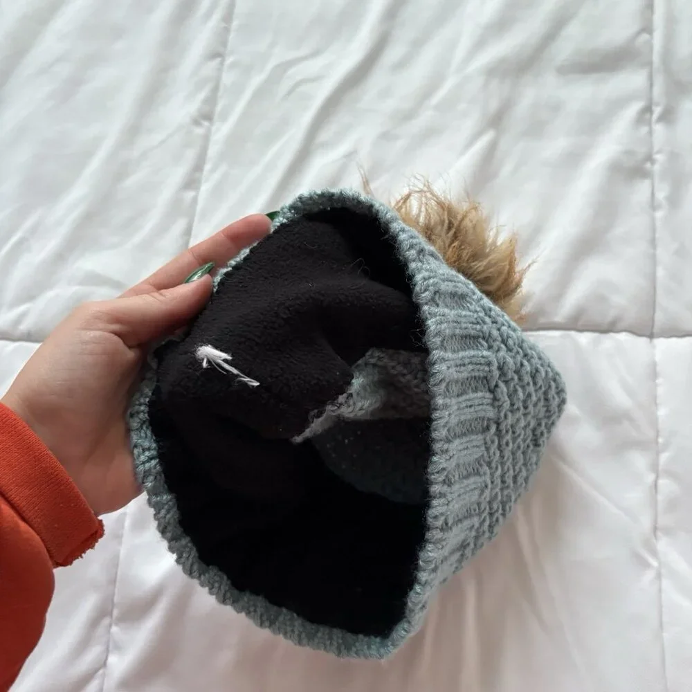 Sweet Turns Blue Knit Hat Beanie Winter Fall Cap‎ Brown Pom Fleece Lining
